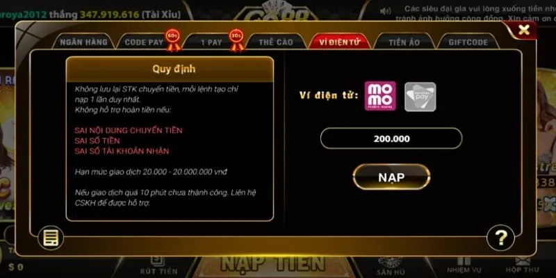 Nạp nhanh bằng ví Momo và Viettel pay tại Go88