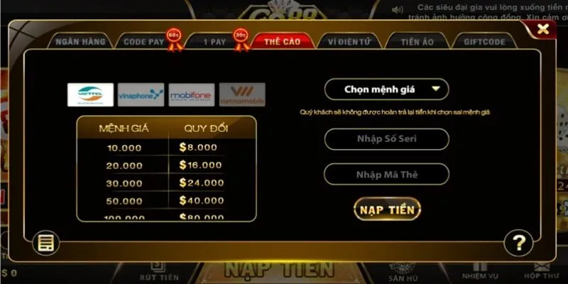 Nạp tiền Go88 chấp nhận hình thức nạp thẻ cào điện thoại